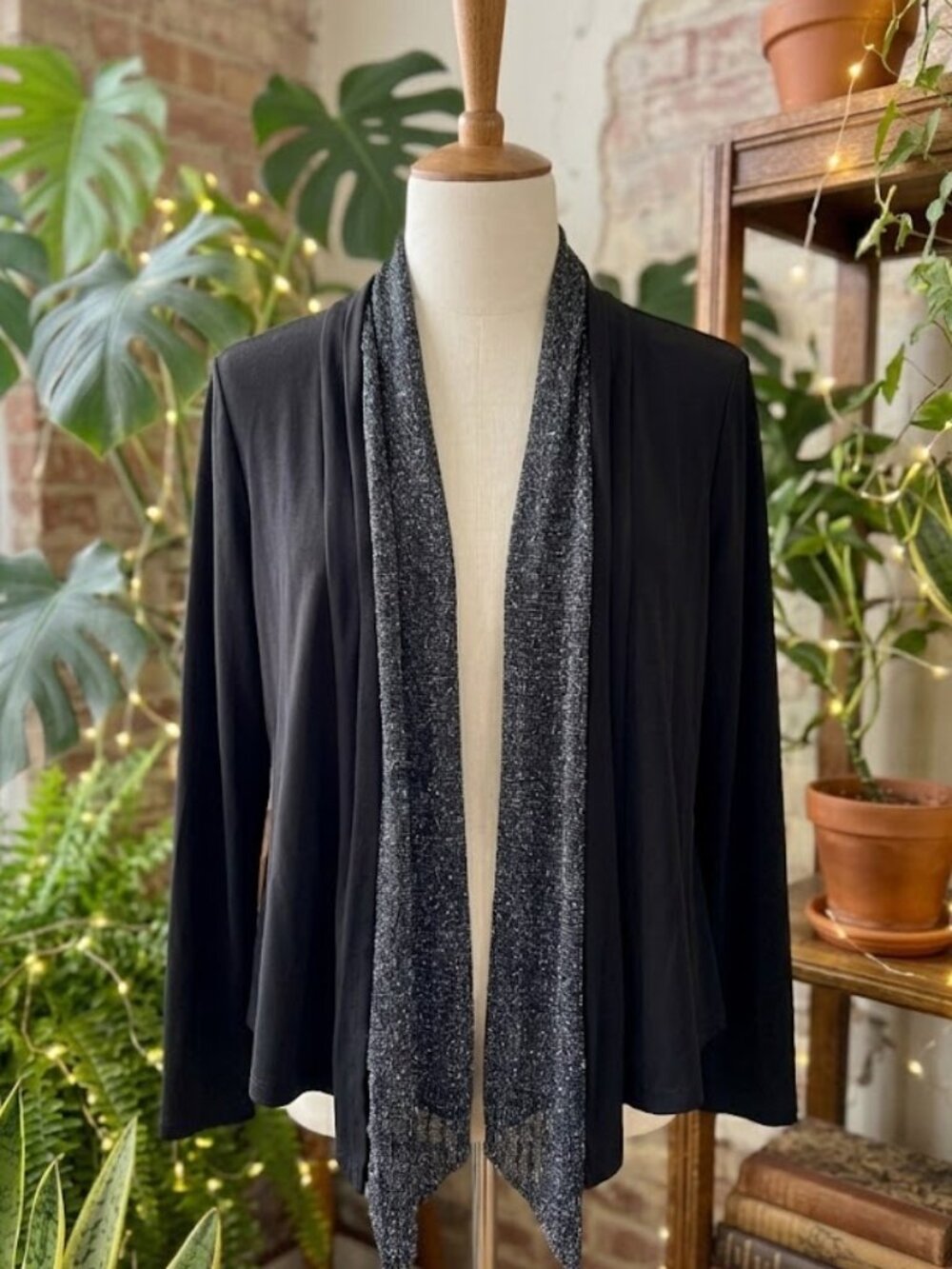 Nic & Dom Black Open Front Cardigan Shrug Silver Lurex Trim Women M/L Made in US